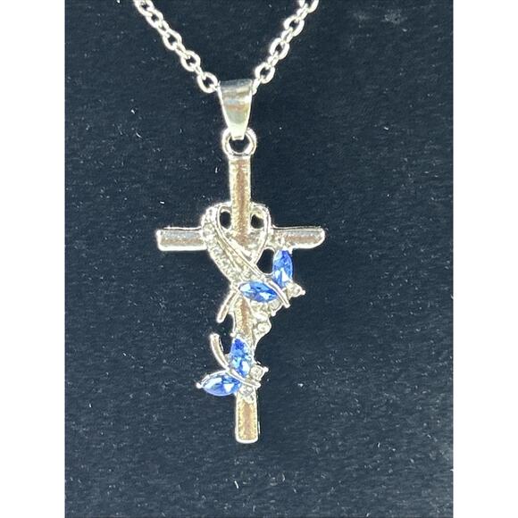 Sterling Silver Bow Cross Pendant Necklace with Blue Gemstones New Open Package - Picture 4 of 7